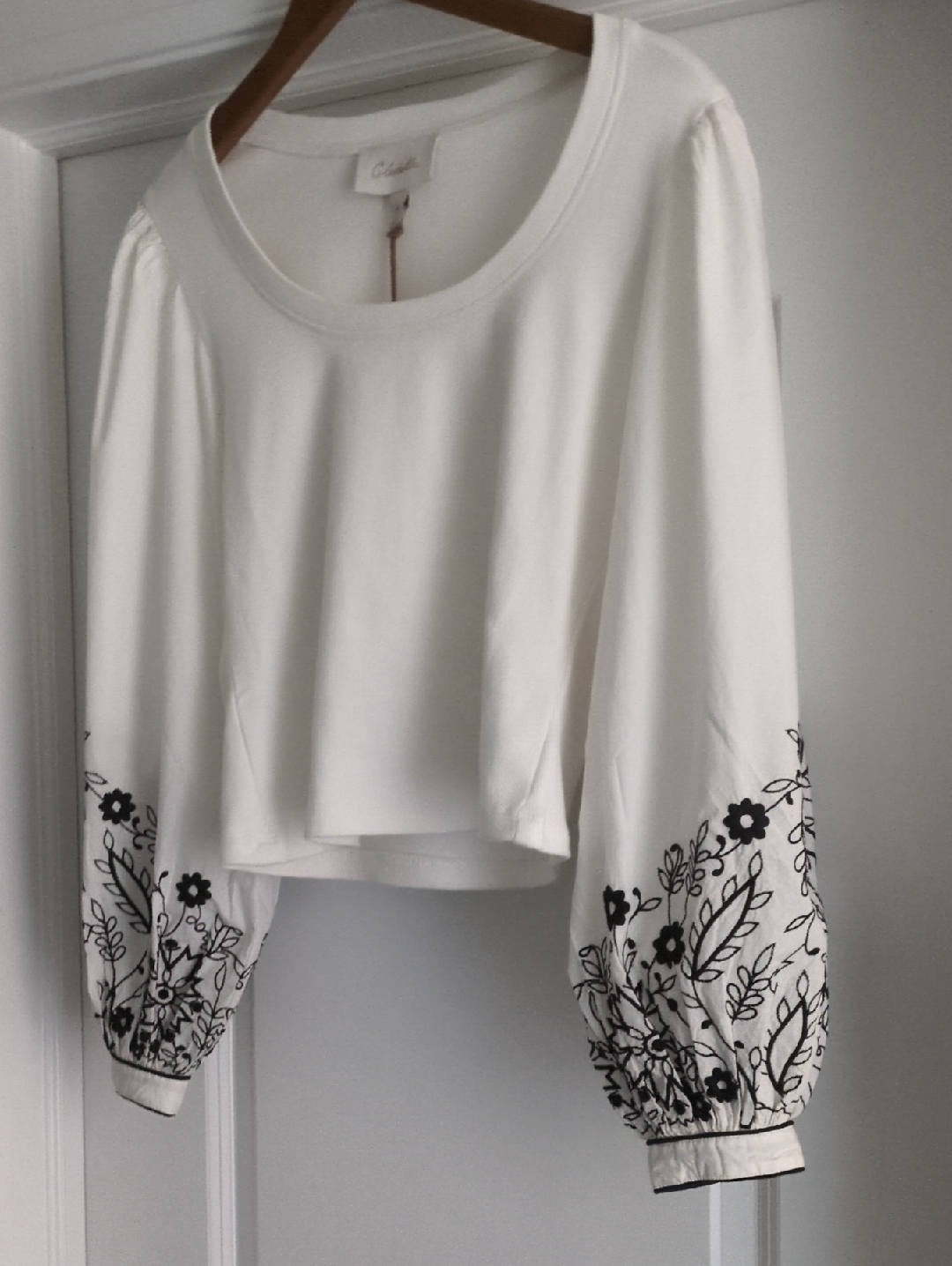 White Peasant Top With Black Floral Sleeve Embroidery Nwt!